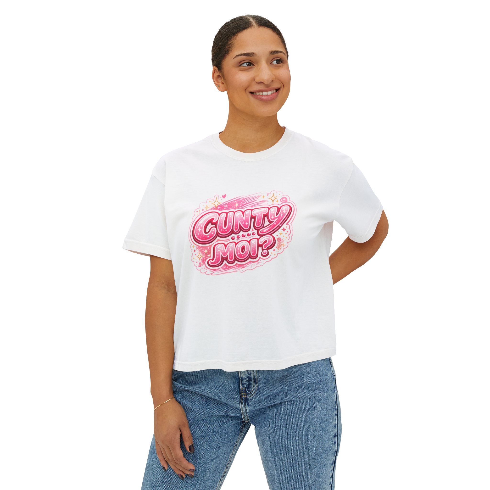 CUNTY....MOI?' Pink Retro Graphic Crop T-Shirt