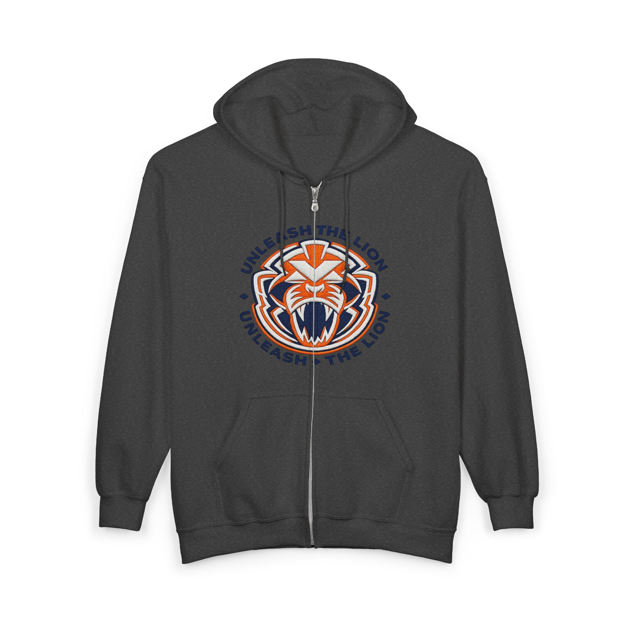 "UNLEASH THE LION" Full-Zip Hoodie — Bold Orange & Blue Geometric Tiger Emblem