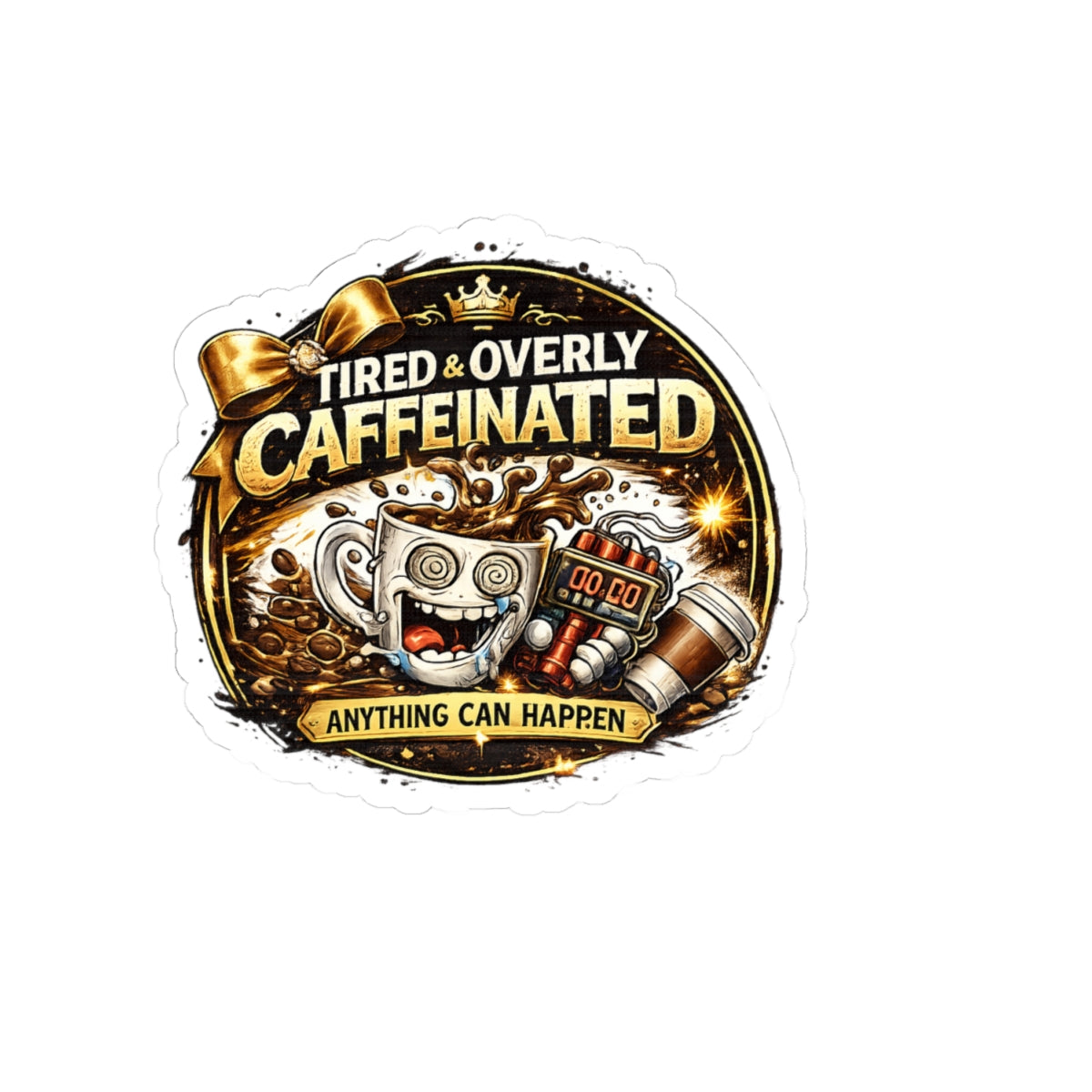Tired & Overly Caffeinated Sticker — Funny Coffee Laptop Decal ("Anything Can Happen")