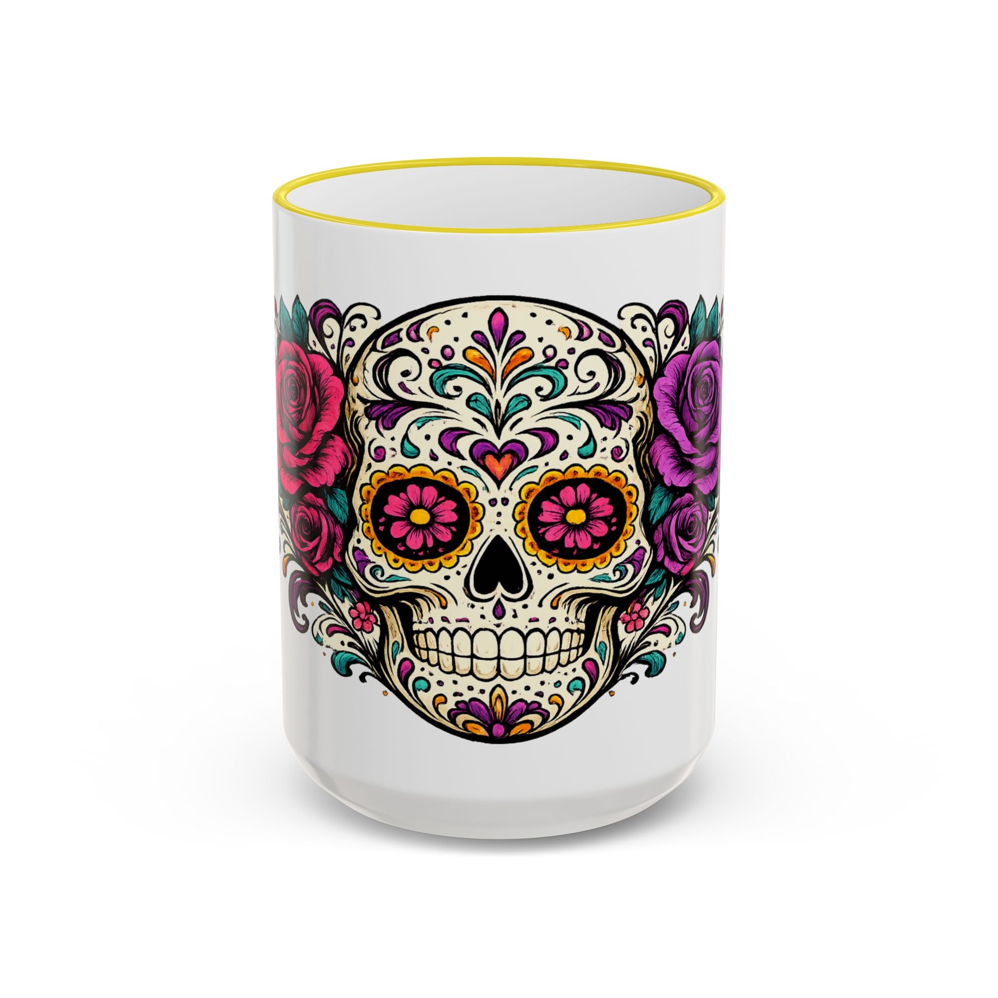 Day of the Dead Sugar Skull Accent Rim Mug — Floral Skull Ceramic Coffee Cup (11oz/15oz)